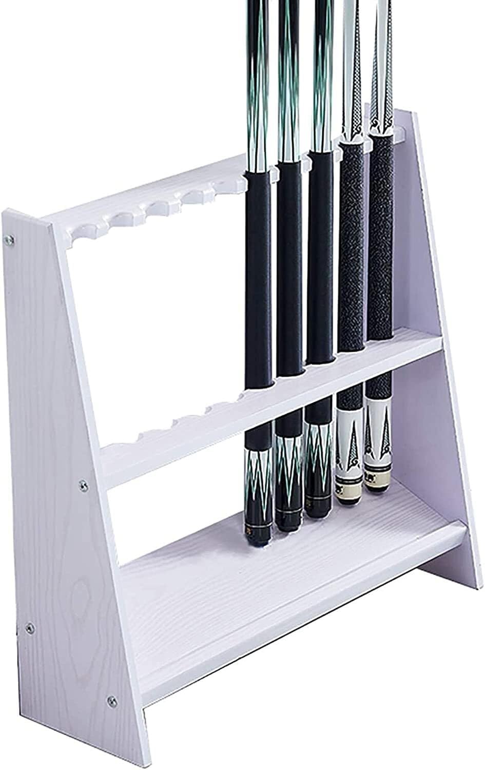 Modern Wooden Floor-Standing Pool Cue Rack, Holds 10 Billiard Cues, Multi-Functional White or Black Organizer