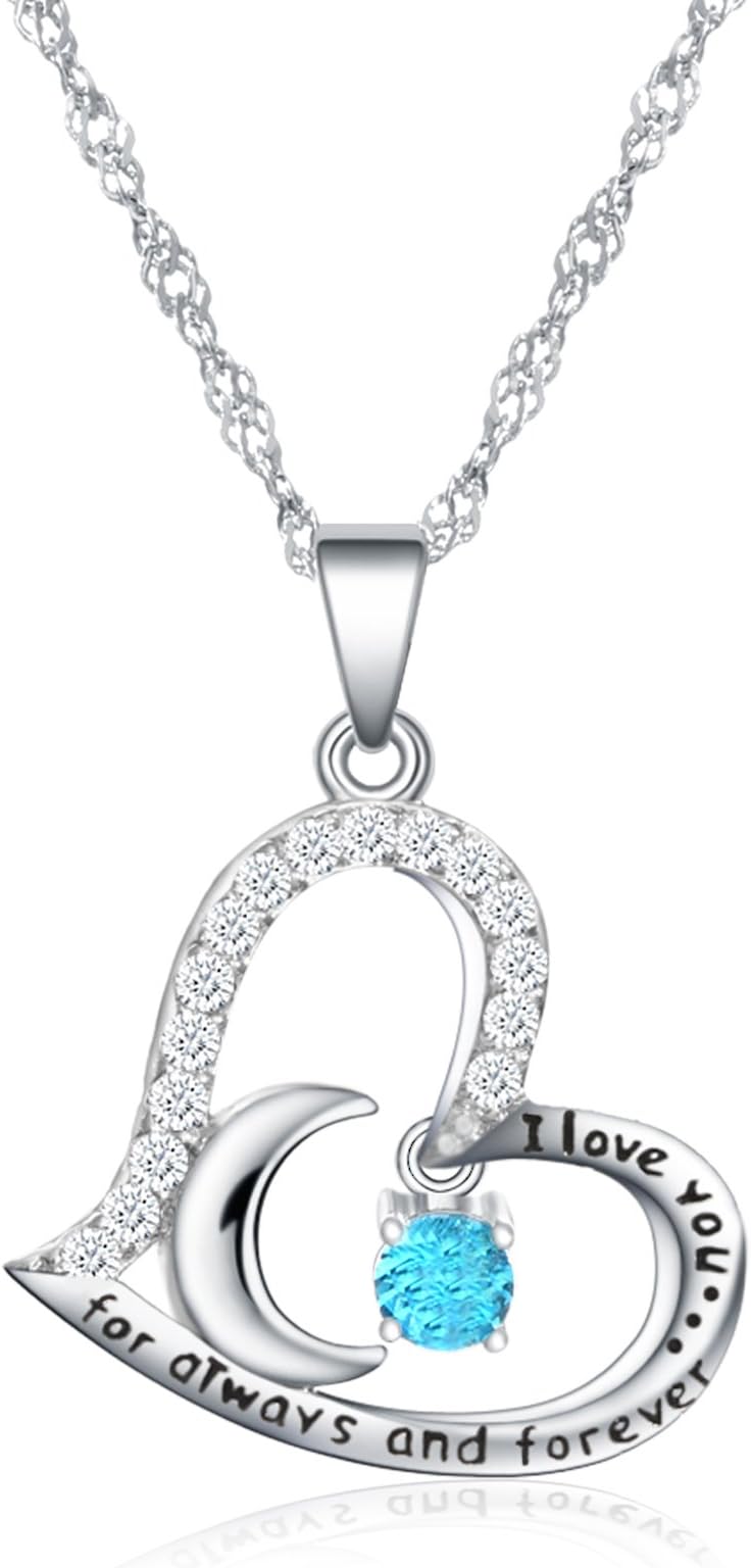 Fine Jewelry Birthstone Necklace Heart Birthstone Jewelry I Love You for Always and Forever Birthstone Jewelry for Women (03-March-Aquamarine)