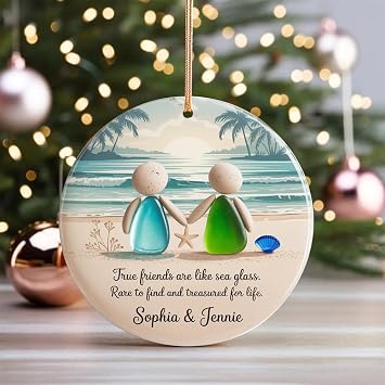 Personalized Friendship Ornament 2025, Friends are Like Stars Quote Ornament, Custom Pebble Sea Glass Design, Bestie, Timeless Friendship BFF Keepsake Decoration, 4