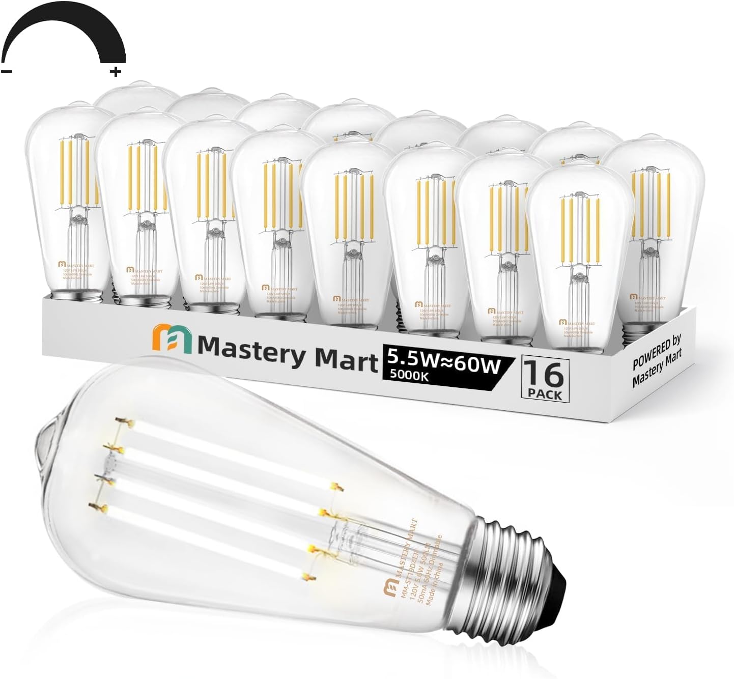 MASTERY MART 16 Pack Vintage Edison Bulbs, E26 Led Bulb 5.5W Equivalent to 60W, Dimmable, 5000K Daylight White, High Brightness Antique ST58, Clear Glass