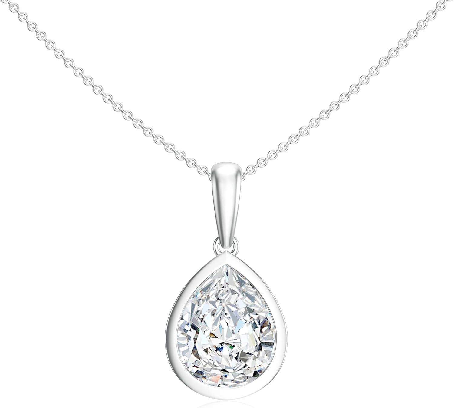 Pear Shaped Bezel Set Moissanite Solitaire Pendant Necklace for Women in Solid Gold Plated/ 925 Sterling Silver April Birthstone Teardrop Pendant Jewelry Gift Idea