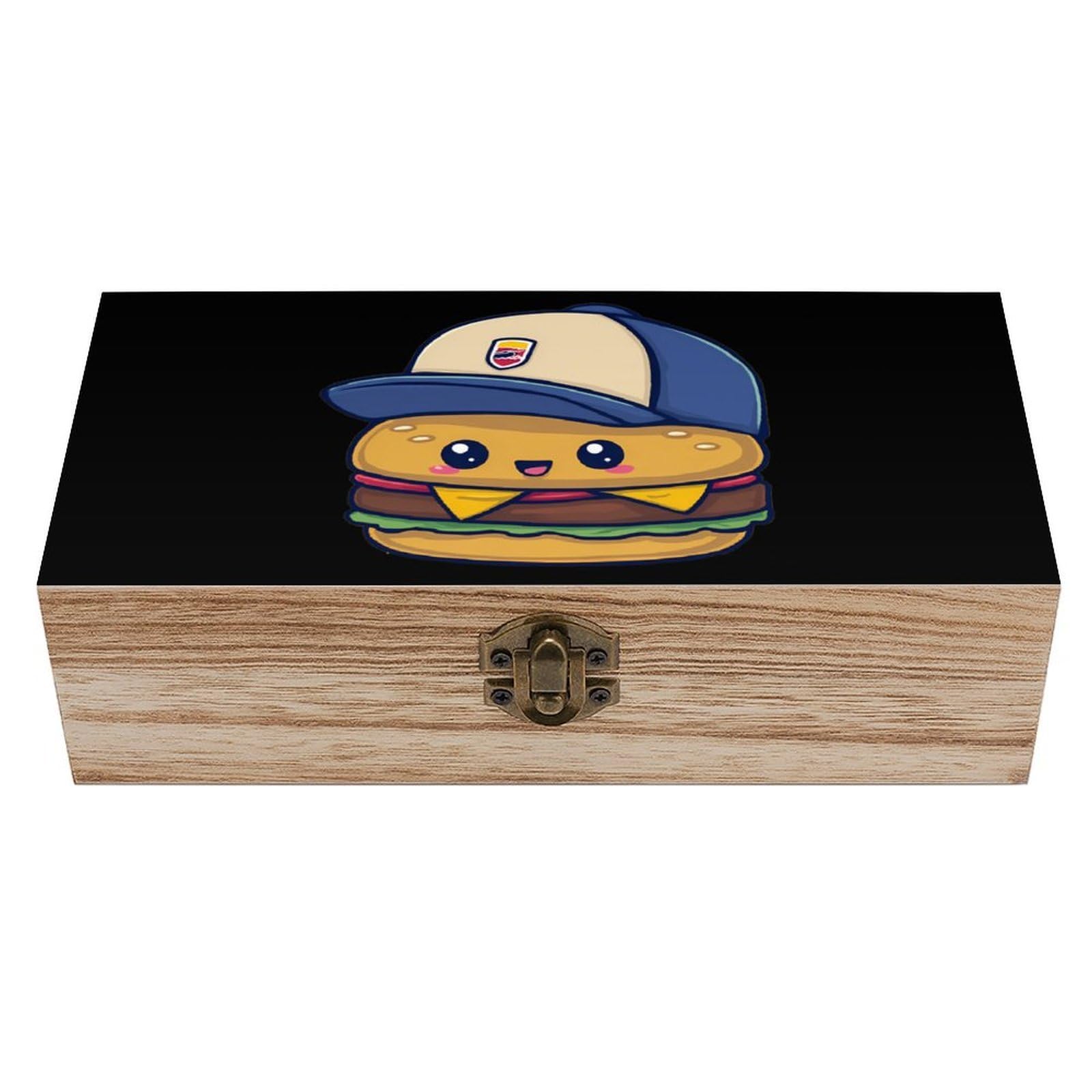 Hamburger Wooden Box with Hinged Lid Decorative Storage Case Container