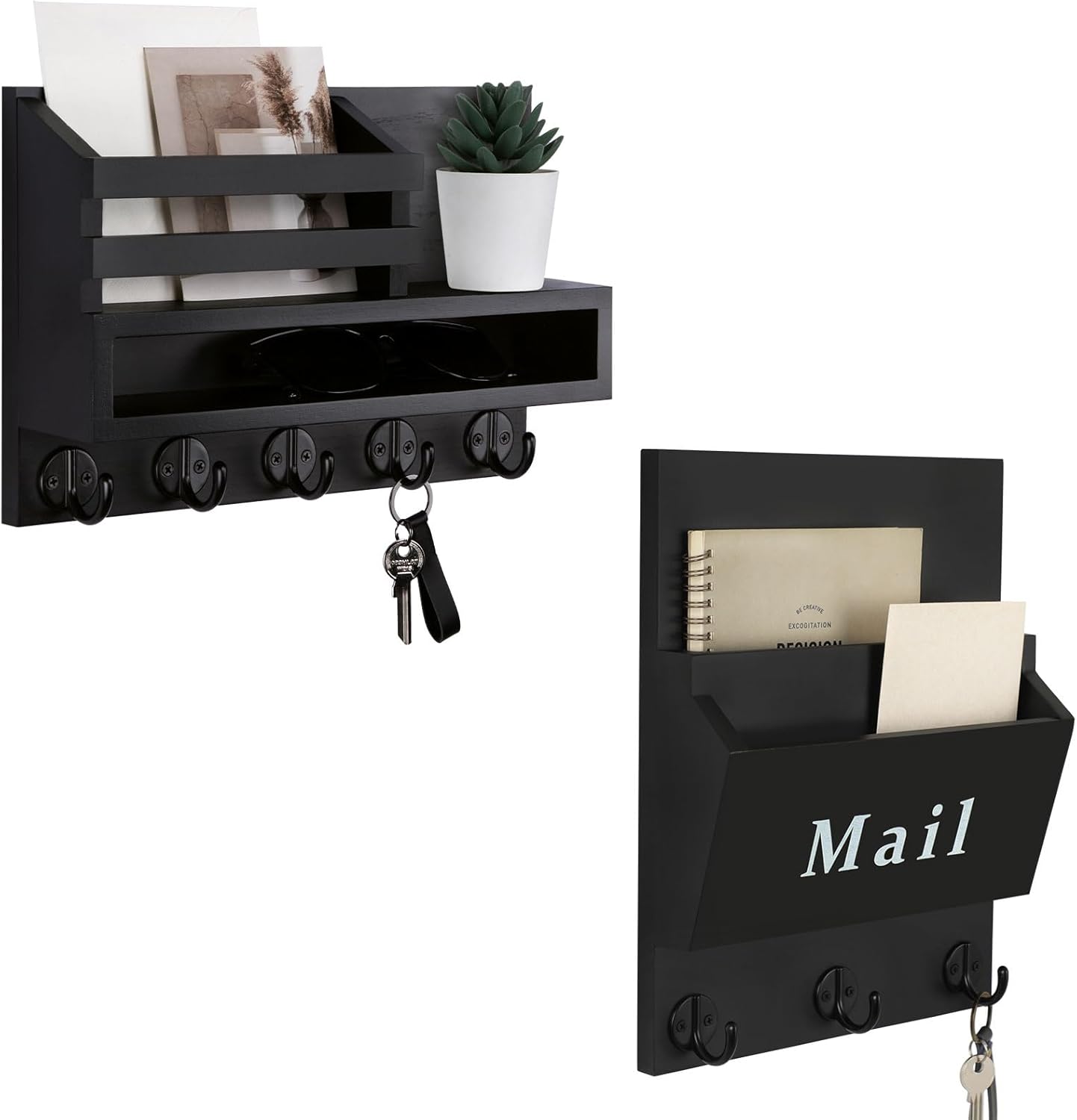 Key Holder Wall Mounted Set (11.81'' Black Key Holder with 5 Hooks & 9.8'' Black Key Holder with 2 Mail Sorters)