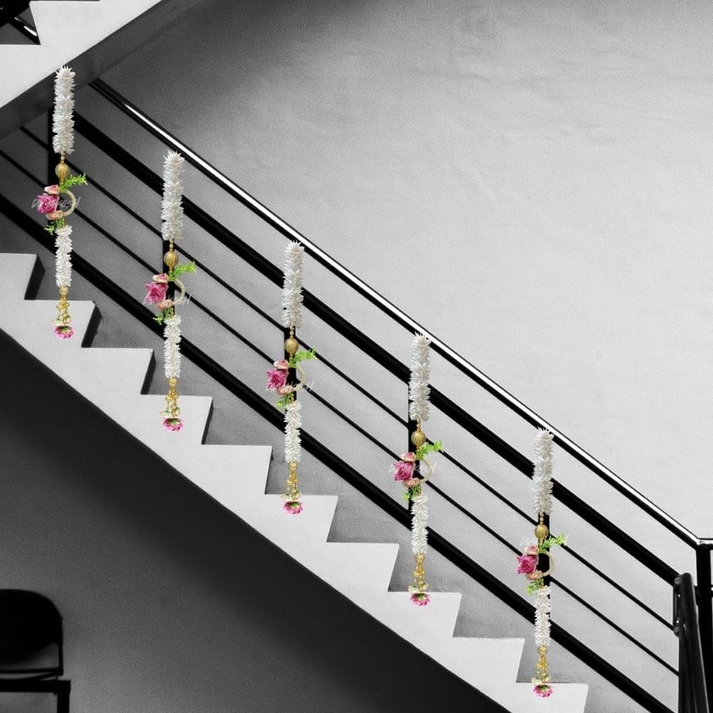 Divyakosh White Gajra Flowers with Pink Rose Multipurpose Wall Side Hanging Pack of 2 Strings, Artificial Flower Latkan for Temple|Diwali Pooja Door Décoration - 28 Inch