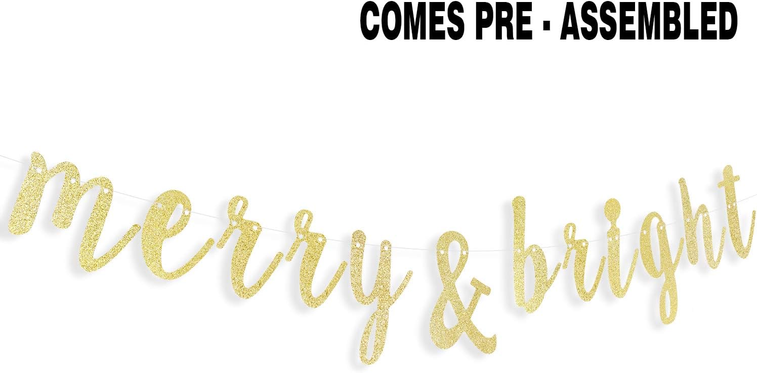 LINGTEER Merry & Bright Gold Glitter Bunting Banner Perfect for Merry Christmas Xmas Festival Holiday Party Decorations. image 3