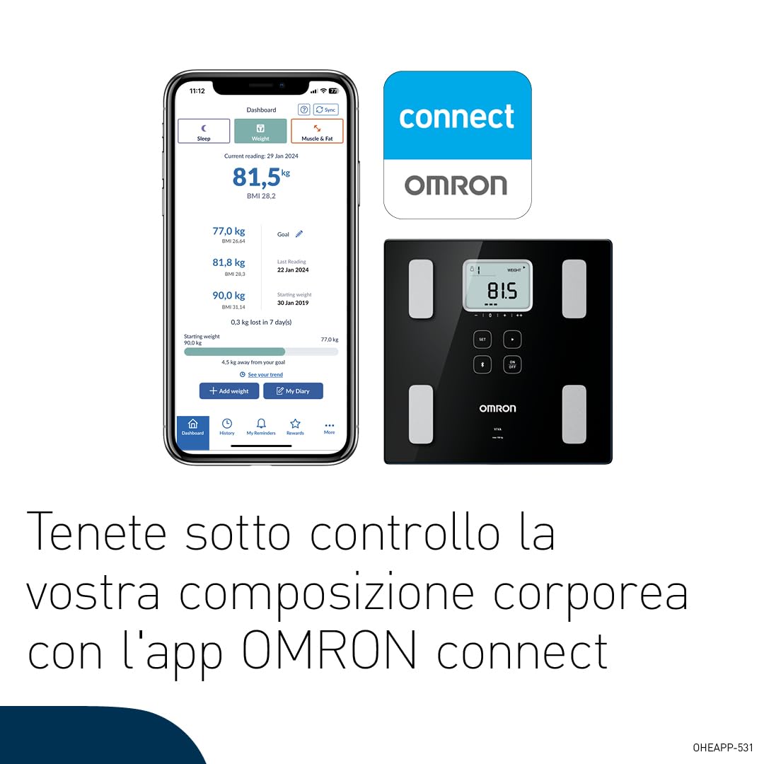 OMRON VIVA, bilancia pesapersone digitale per misurare peso, grasso viscerale, muscoli, metabolismo, BMI con risultati precisi e sincronizzazione Bluetooth tramite app OMRON Connect
