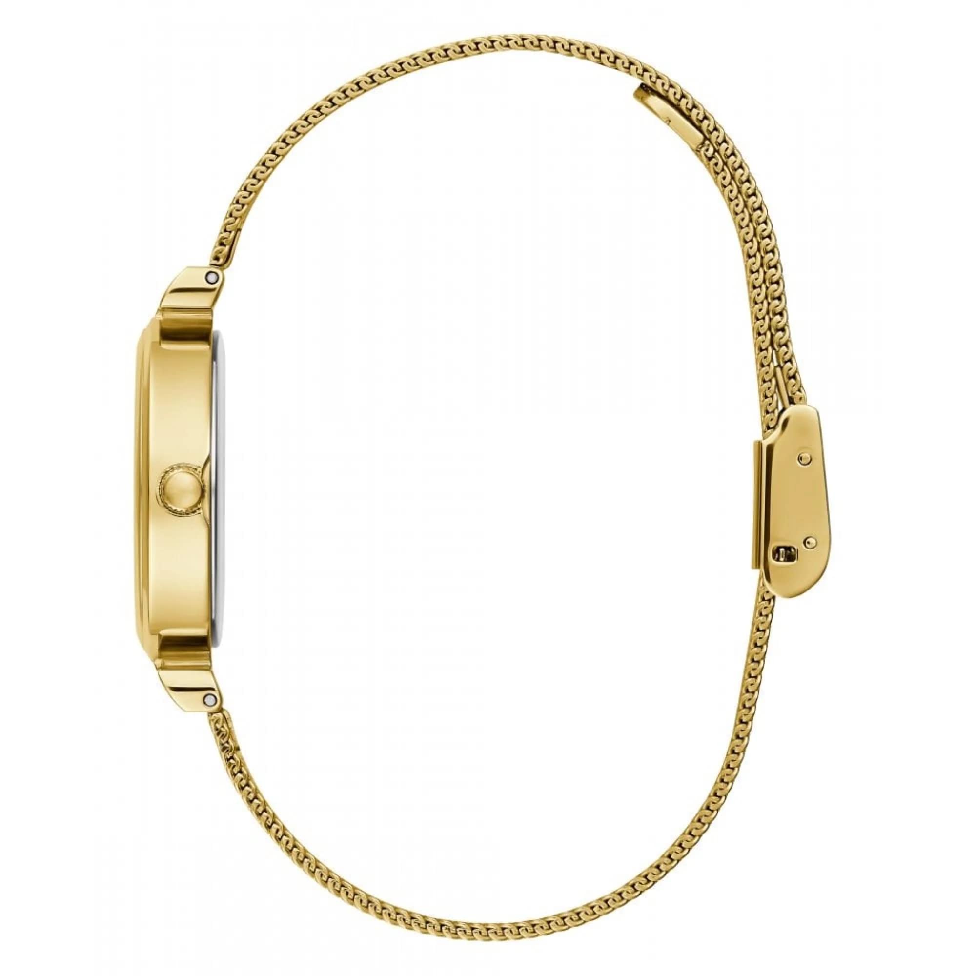 Guess Array Damen Armbanduhr, Edelstahl, 28 mm, Edelstahlarmband, Farbe: Gold, 3 bar, Zifferblatt: Silber, Datumsanzeige, GW0471L2