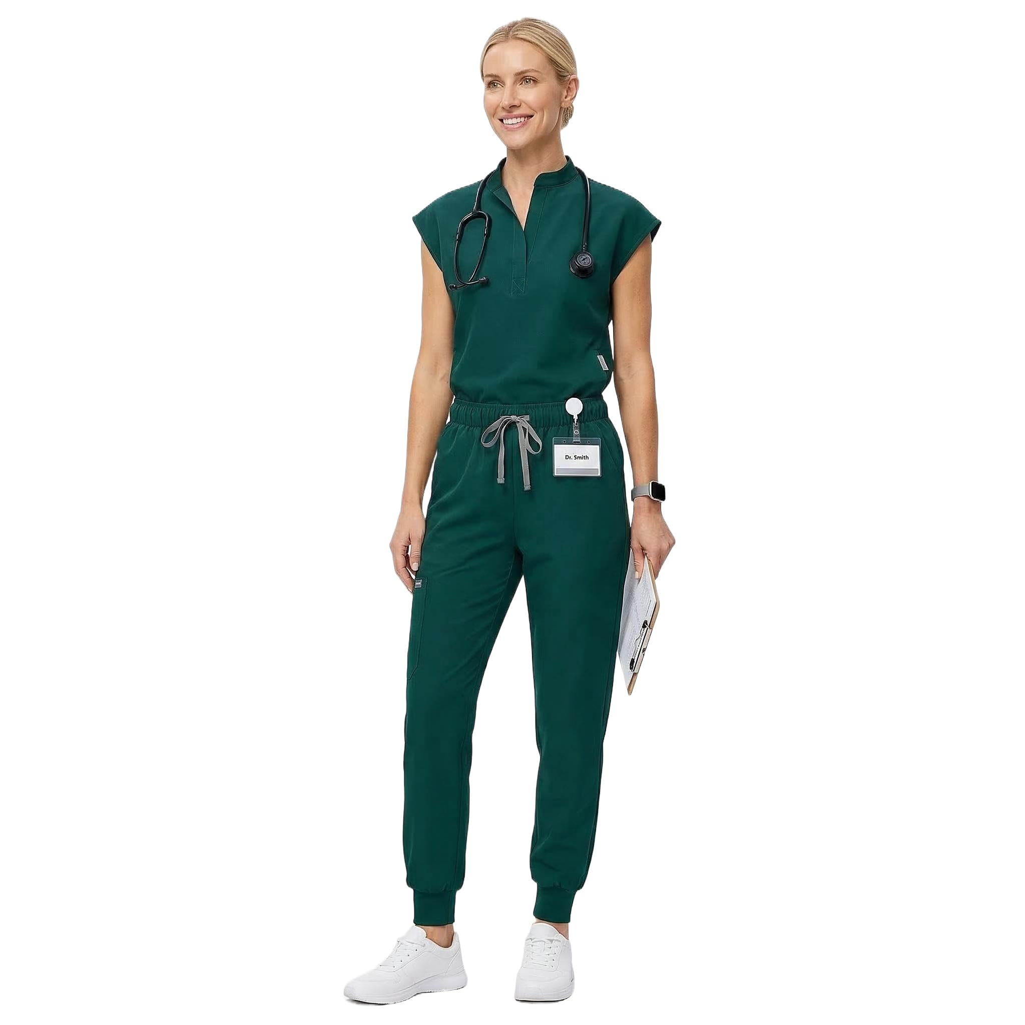 Conjunto médico de enfermería mujer DK55 top cuello alto bolsillos laterales pantalones yoga cónicos suaves resistentes arrugas