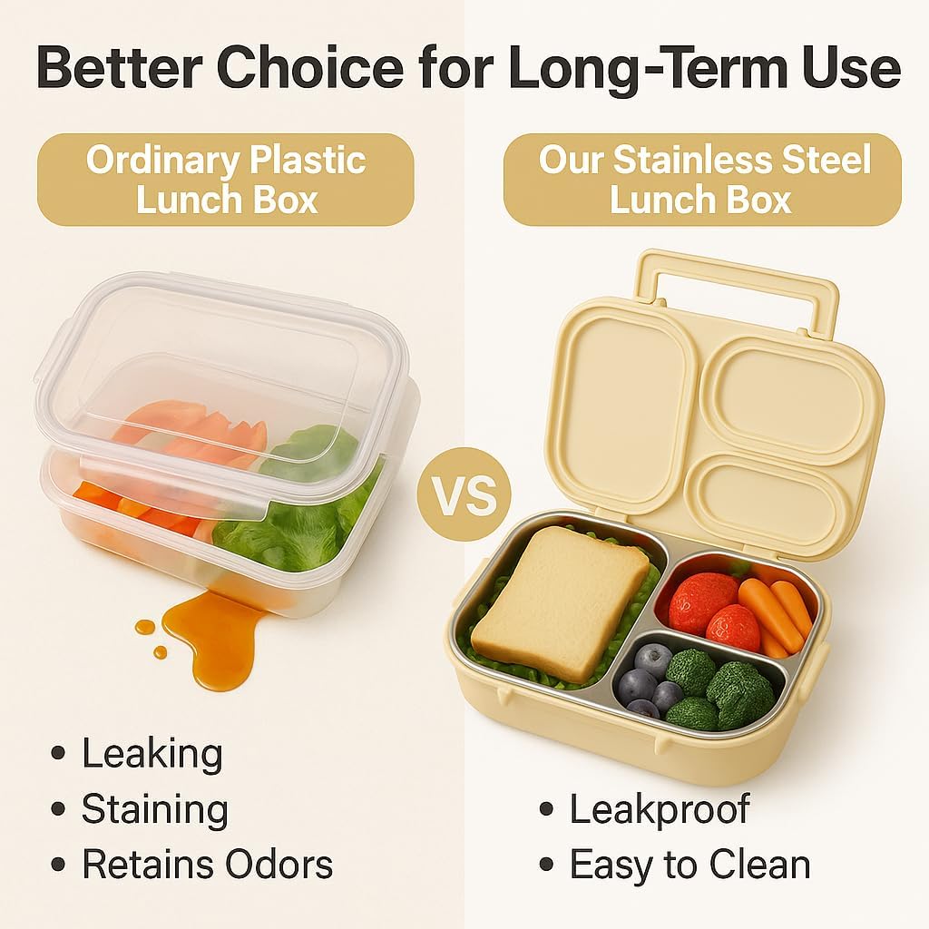 304 Stainless Steel Lunch Box for Work & Travel, 3-Compartment Leakproof Food Container, Healthy Eating & Portion Control, Safe for Home Use, Portion Control for Healthy Eating (Off-white 4 grids)