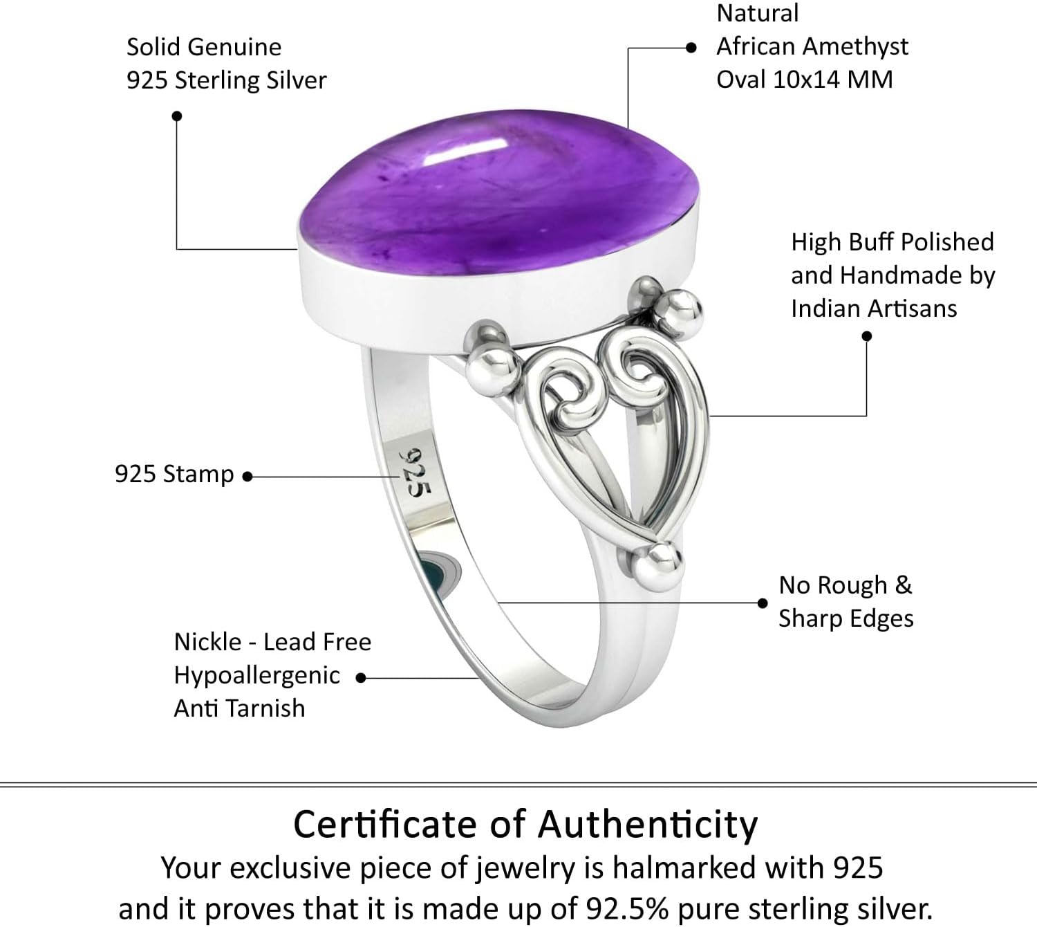 JEWELOPORIUM Purple Amethyst Silver Ring Size 5 to 13, 925 Sterling Silver Ring for Women, Genuine Oval Stone Boho Jewelry