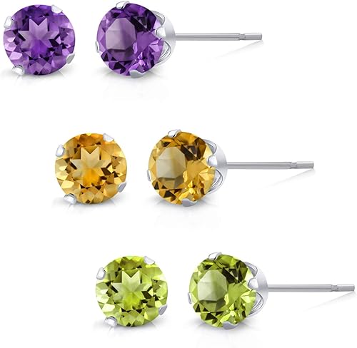 Gem Stone King Juego de 3 aretes redondos de amatista, citrino y peridoto de 0.157 in para mujeres y hombres en plata de ley 925, Plata de ley,
