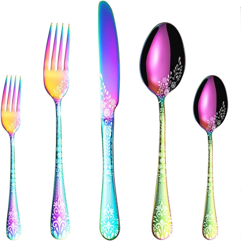 30-Pieces Forks and Spoons Silverware Set Printing Cutlery Mirror Effect Flatware Set for 6 Dishwasher Safe Food Grade Stainless Steel Easy to Clean Ergonomic for Restaurant, Black