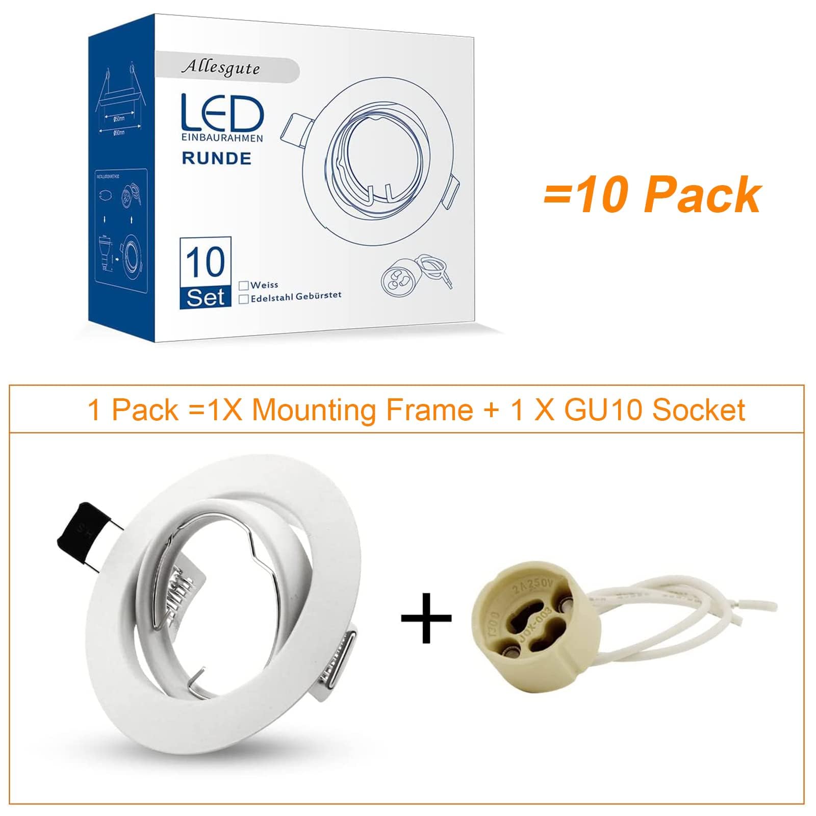 Allesgute Set Di 10 Cornici Da Incasso GU10 Bianco Opaco Cornice Girevole Rotonda Per Faretti Da Incasso 230V Con Presa GU10 Per Lampadine LED O Alogene