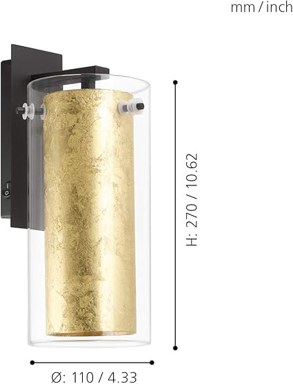Eglo Eglo Pinto Gold Wandlamp, met 1 lichtpunt, materiaal: staal, kleur: zwart, glas: helder, goud, fitting: E27, inclusief schakelaar photo 3