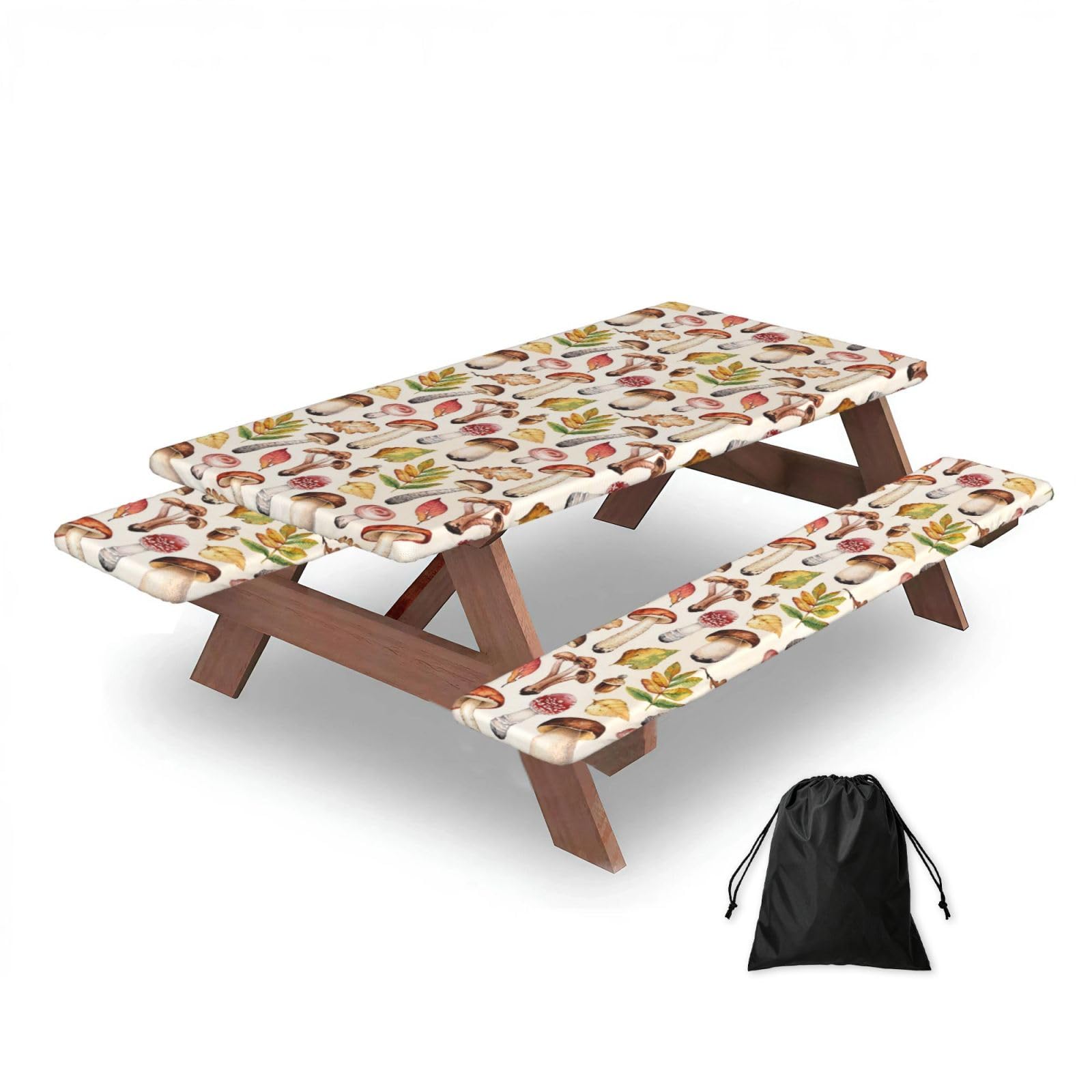 Watercolor Mushrooms Printed, Picnic Table Cover With Bench Covers -Waterproof Elastic Fitted Tablecloth for Garden Camping Patio 76x152cm