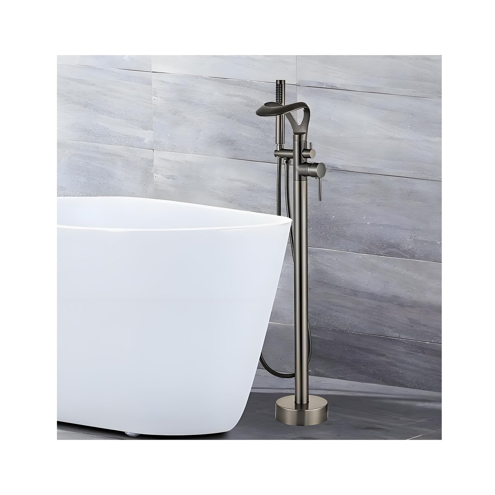 ZYCHSJXA Freestanding Bathtub Faucet, Floor Mount Swivel Spout Tub Filler, Brass High Flow Single Handle with Handheld Sprayer, Gray Bracket, Modern Bathroom Fixture