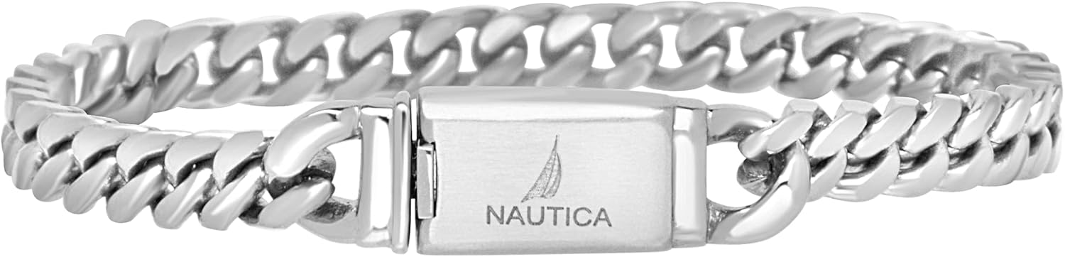 Nautica Curb Link Chain Stainless Steel Bracelet for Men ID Bar Clasp Sailboat Logo
