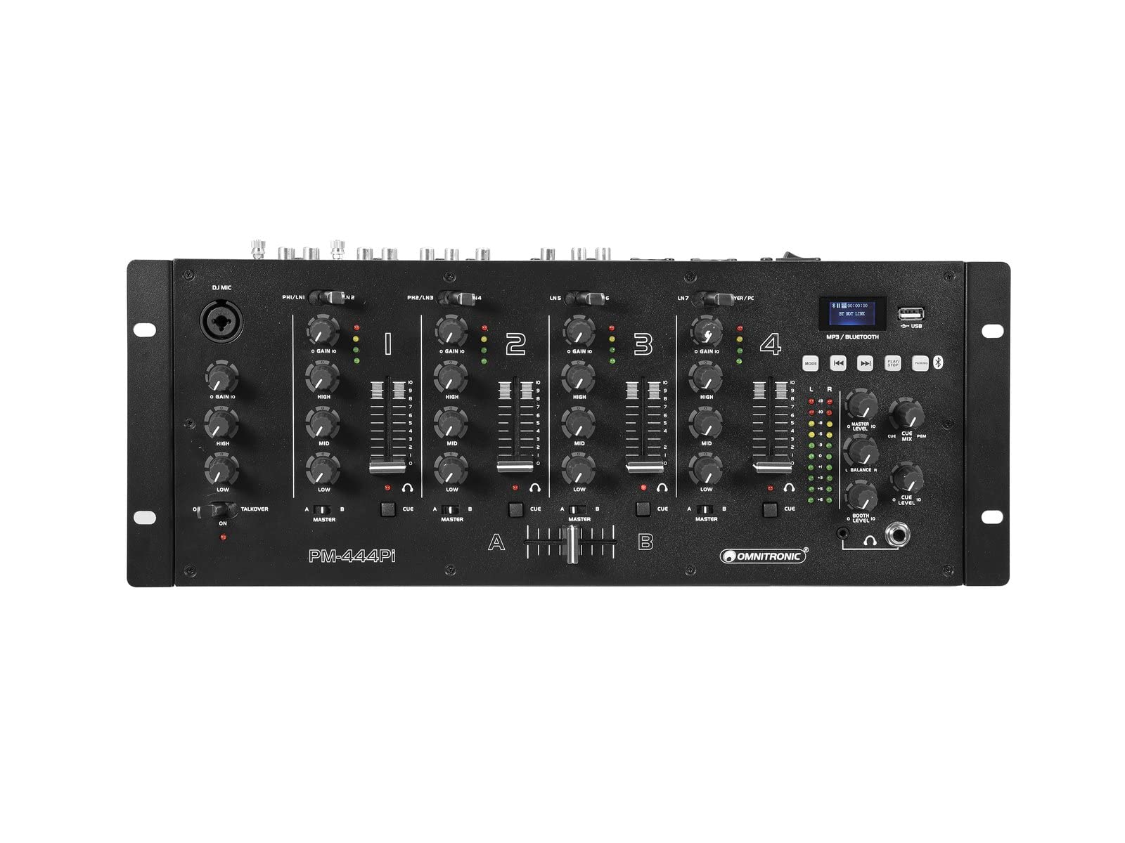 OMNITRONIC PM-444Pi - Mixer DJ a 4 canali con lettore e interfaccia USB, mixer DJ a 4 canali con Bluetooth, lettore MP3 e interfaccia USB