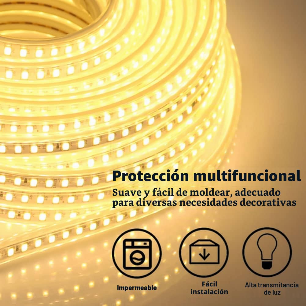 pcning Tira LED 220V 20M 3000K, 5730 Tiras LED 220V sin Transformador Blanco Calido 20 Metros Para Interior Exterior (Blanco Cálido, 20M)