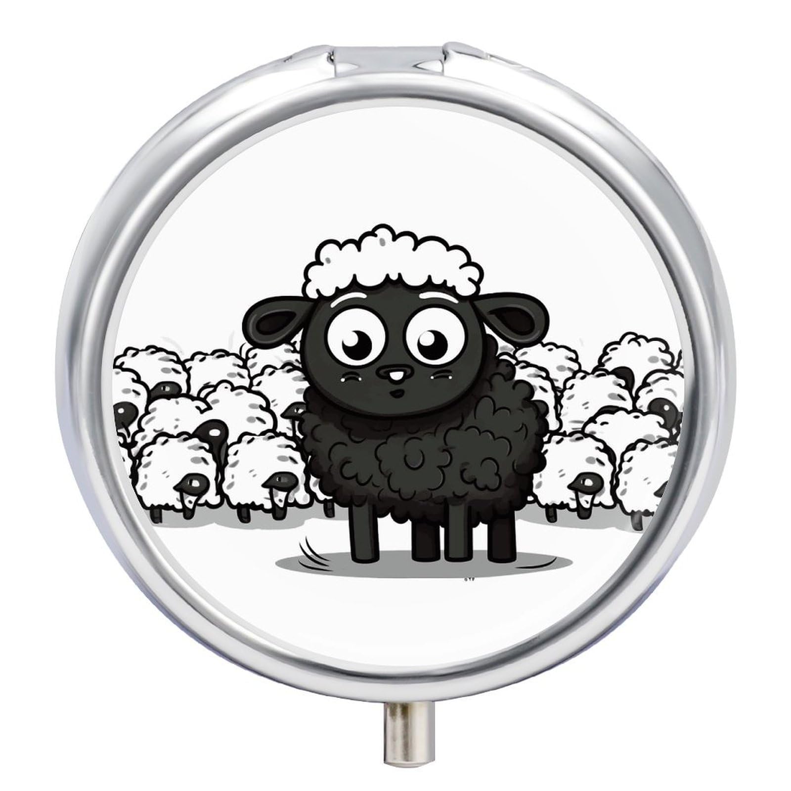 Pill Box Portable Cartoon Black White Sheep Pill Case Cute Pill Organizer for Vitamins Supplements