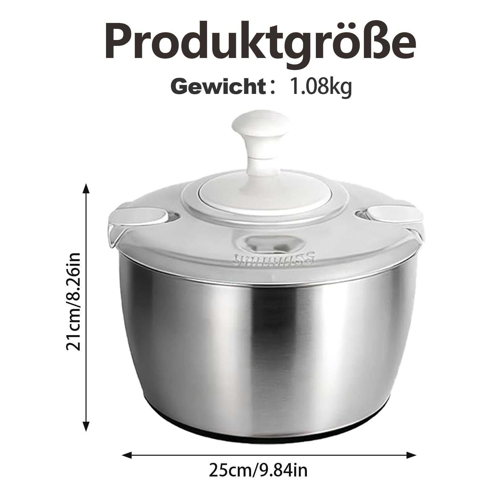 5L Salatschleuder, Salatschleuder Edelstahl, Salatschleuder Mit Deckel, Lebensmittelecht Edelstahl, Rutschfester Sockel, Effizient zur Salatzubereitung & Lebensmittelreinigung (Edelstahl 304)
