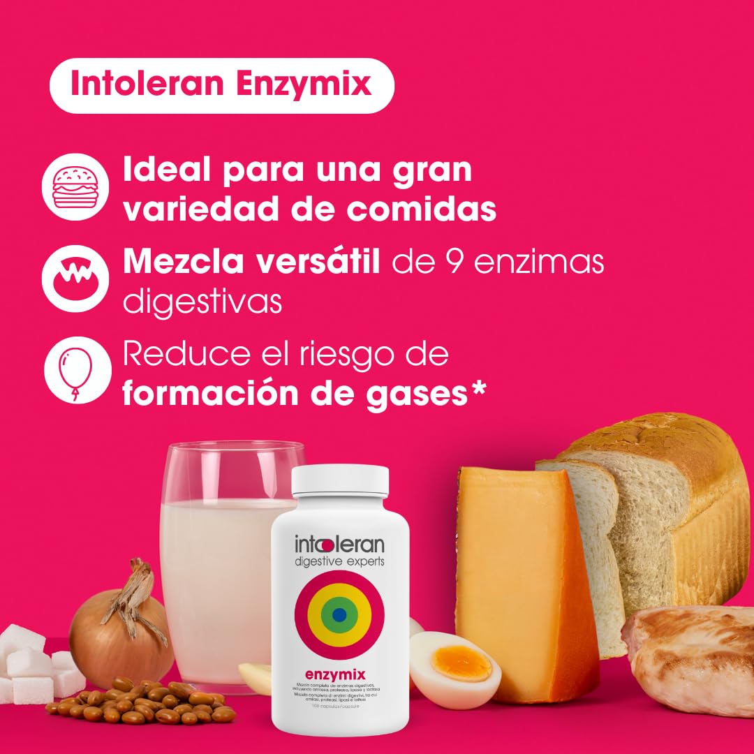 Intoleran Enzymix Enzimi digestivi – 108 capsule | Favorisce la digestione di grassi, proteine, carboidrati e lattosio, Puro, vegano e senza glutine