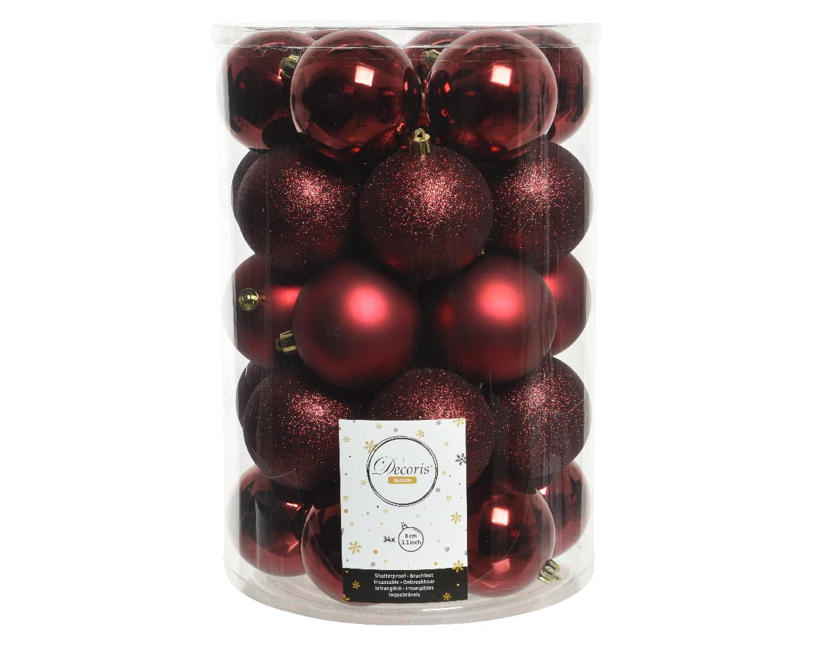 Kaemingk Bolas de Navidad de plástico, 8 cm x 34 unidades, irrompibles, color burdeos