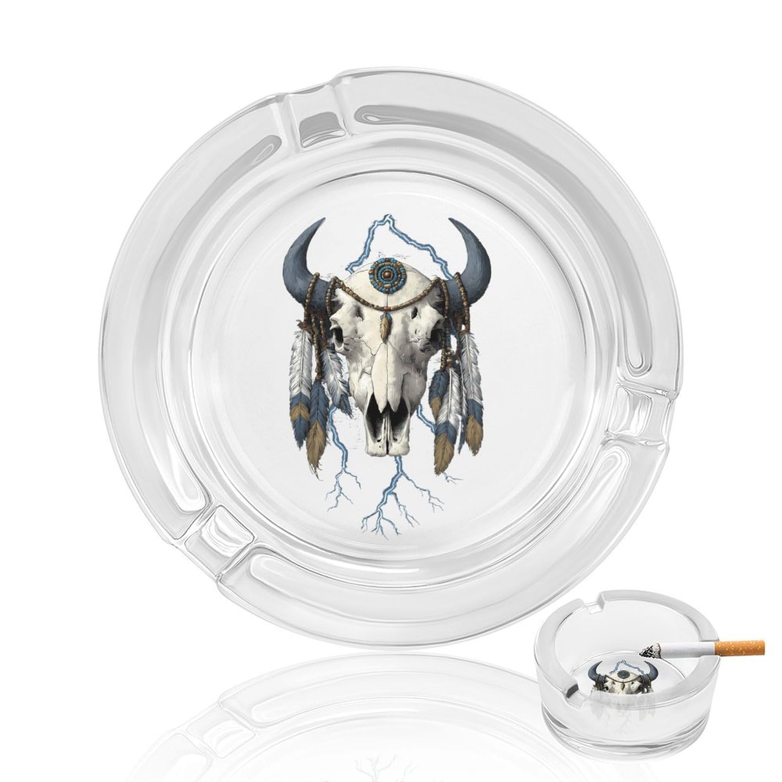 Vintage 90s Thunder Native Indian Bison Skull Ashtray Portable Round Glass Outdoor Ash Tray for Home Office Garden Pub