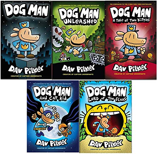 Dav Pilkey the adventures of dog man collection 5 books set (Dog Man,Dog Man A Tale of Two Kitties,Dog Man Unleashed,Dog Man Lord of the Fleas,Dog Man and Cat Kid)