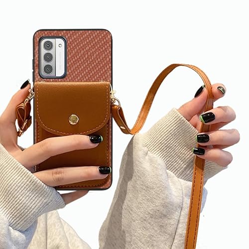 Tuxiwei Crossbody Phone Case with Detachable Lanyard for Nokia G310 5G, Nokia G310 Phone Cover Back Wallet Carbron Fiber Pattern | Credit Card/Cash Holder Slots, Faux PU Leather Wallet Case - Brown