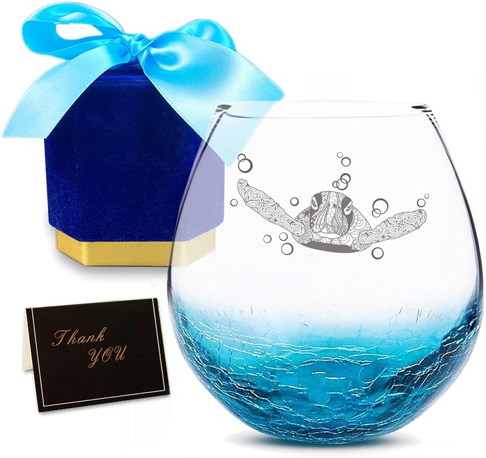 Etchpress Christmas Day Gifts for Mom from Daughter, Tribal Sea Turtle Handmade Engraved Crackle Turquoise Wine Glass for Beach, Gifts for Sea Turtle Lovers Women Men