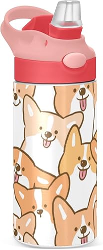 Kigai Cute Corgi Dog - Botella de agua para niños, botellas térmicas de metal reutilizables de acero inoxidable, tapa de popote a prueba de fugas,