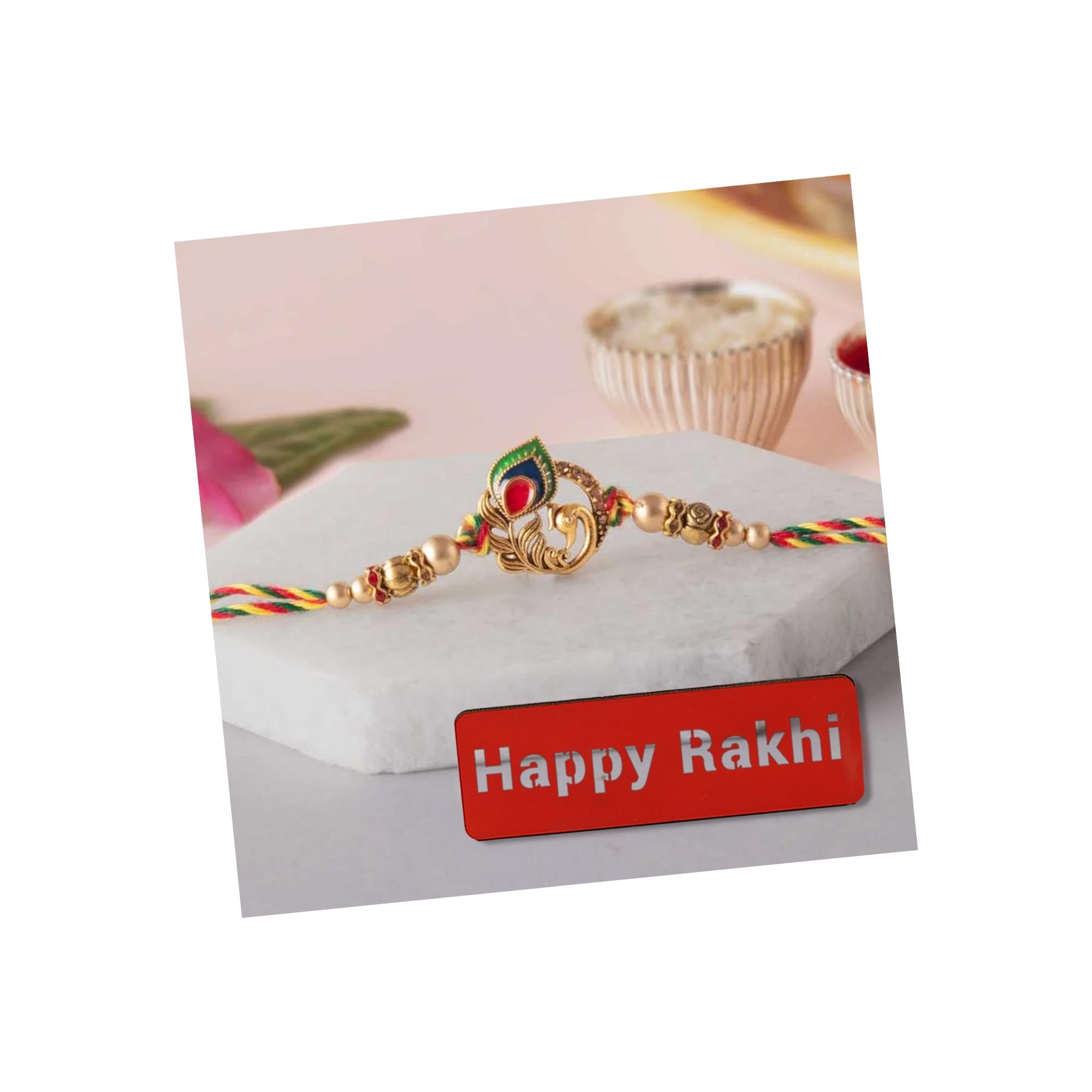 eCraftIndia Golden Peacock Colorful Feathers Designer Rakhi for Brother with Roli Chawal Pack and Happy Rakhi Wooden Cutout (B0CFFR4KK6) Amazon Price History, Amazon Price Tracker