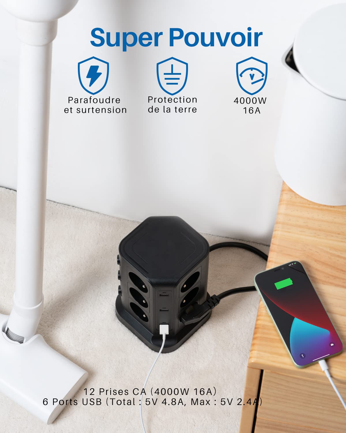 KOOSLA Frankreich Steckdosenleiste, 12 Fach, 6 USB, 2M, Schwarz | 12 Typ E Steckdosen, 6 USB, 4000W/16A, Überspannungsschutz, Büro, Zuhause, Frankreich