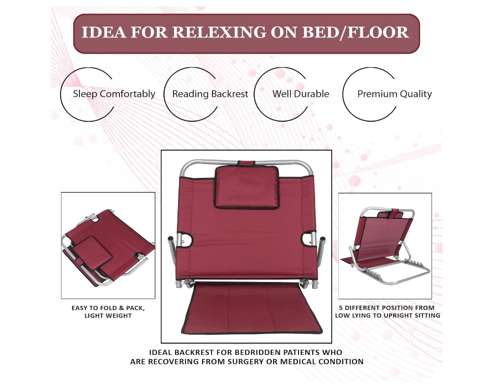 HRA Adjustable Hospital Back Rest for Use on Bed | Back Support with 5 Changeable Recline Angles | Foldable & Portable | Multi-Function Universal Size (Maroon) HRA Adjustable Hospital Back Rest for Use on Bed | Back Support with 5 Changeable Recline Angles | Foldable & Portable | Multi-Function Universal Size (Maroon)