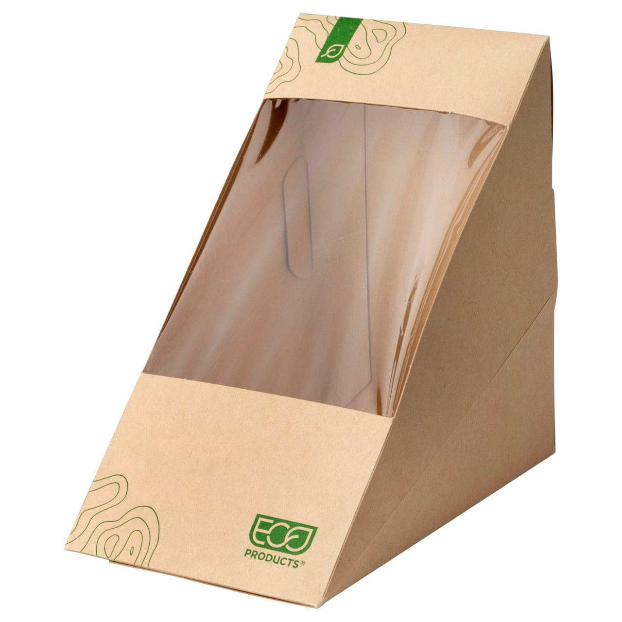 ECO PRODUCTS Renewable & Compostable Large Sandwich To Go Container, Case of 500, Paper Wedge Food Box, PLA Clear Window, FSC Mix Credit, No PFAS,