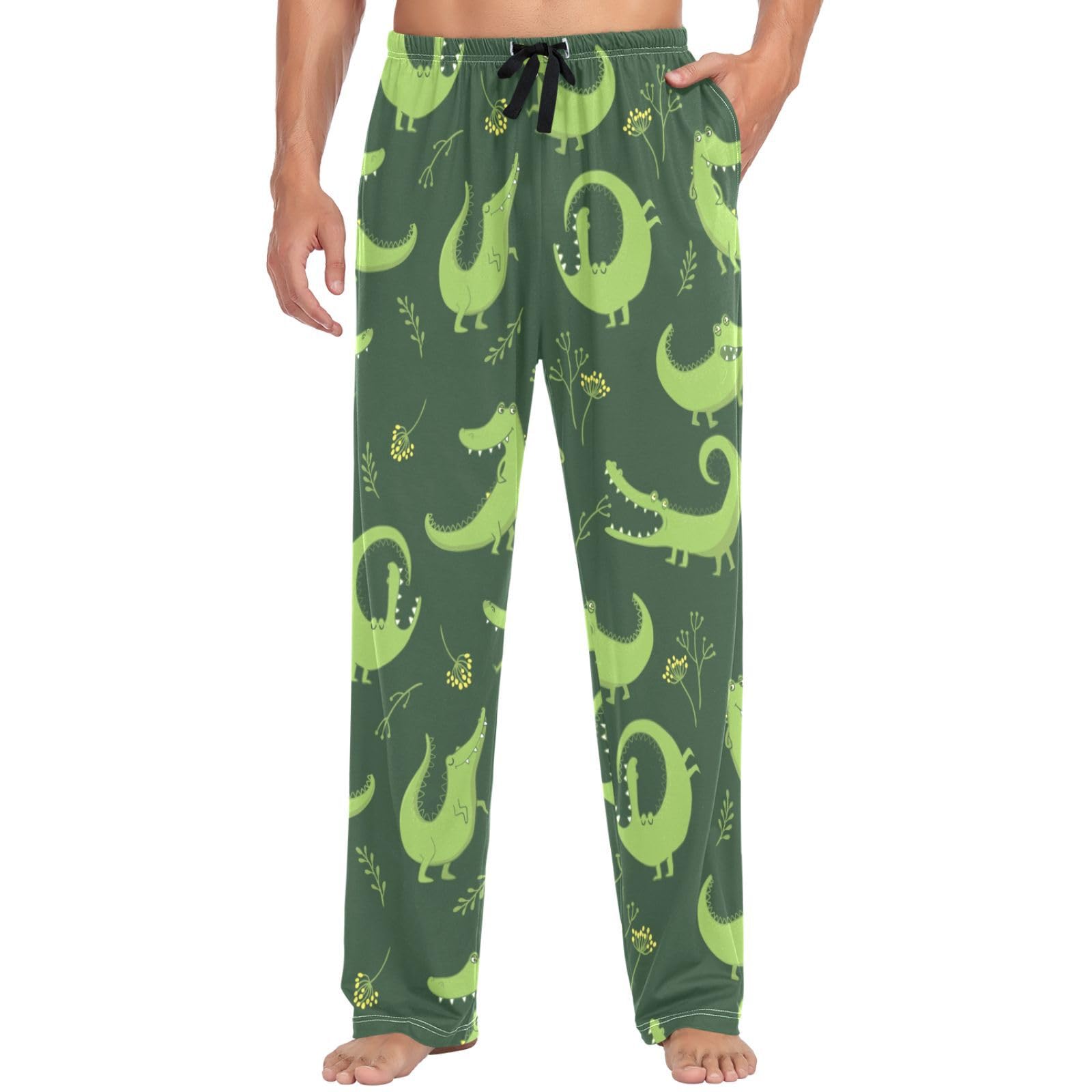 Oudrspo Men's Multicolor Pajama Bottoms Funny Crocodiles Pajama Pants Green Herb Flower Cotton Pj Bottoms Sleepwear Lounge Pants S