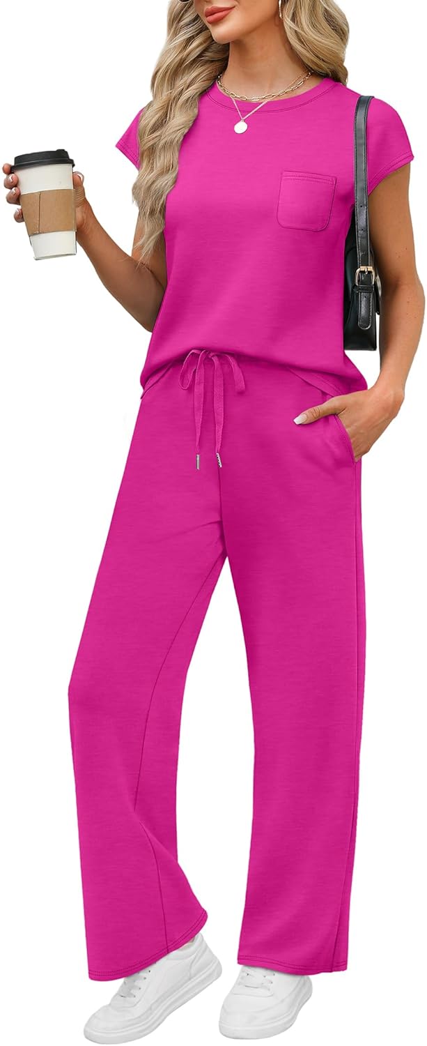 WIHOLL 2 Piece Sets for Women Casual Summer Travel Vacation Outfits Cap Sleeve Lounge Set