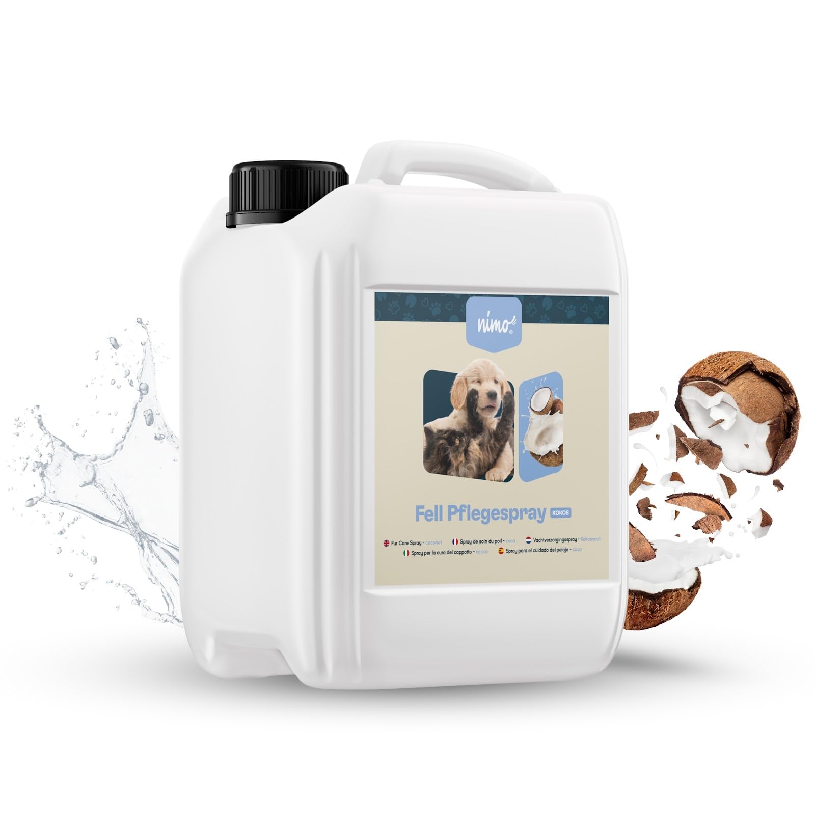 nimo® Spray d'entretien pour pelage à la noix de coco | pour chiens, chats et animaux domestiques avec noix de coco | Spray d'entretien pour pelage brillant et soigné | Facile à démêler, toilettage et