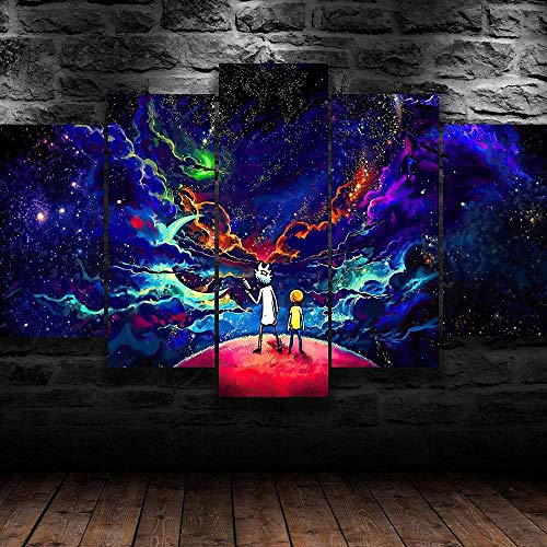Gtart Canvas Wall Art 5 Piezas Impresas en Lienzo Imágenes Rick y Morty Space Póster Modular de Dibujos Animados Pinturas Hd Lienzo Imagen Impresa de 5 Paneles Decoración de la Pared del Hogar Listo p Cover