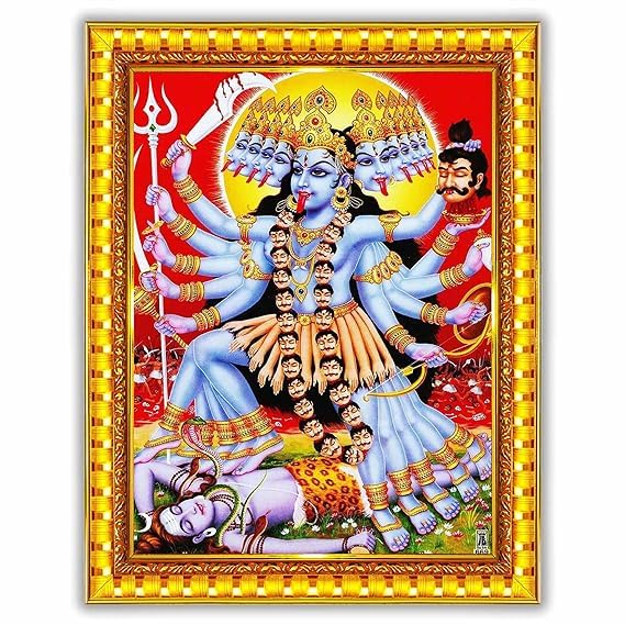 Indianstore4Everyone Maha Kali Maa Kalika Mata Mahakali Shiv Shiva Wall Painting Framed Home Decor (Wood,Matte,Gold,Small Size,6 x 8 Inch) R183S