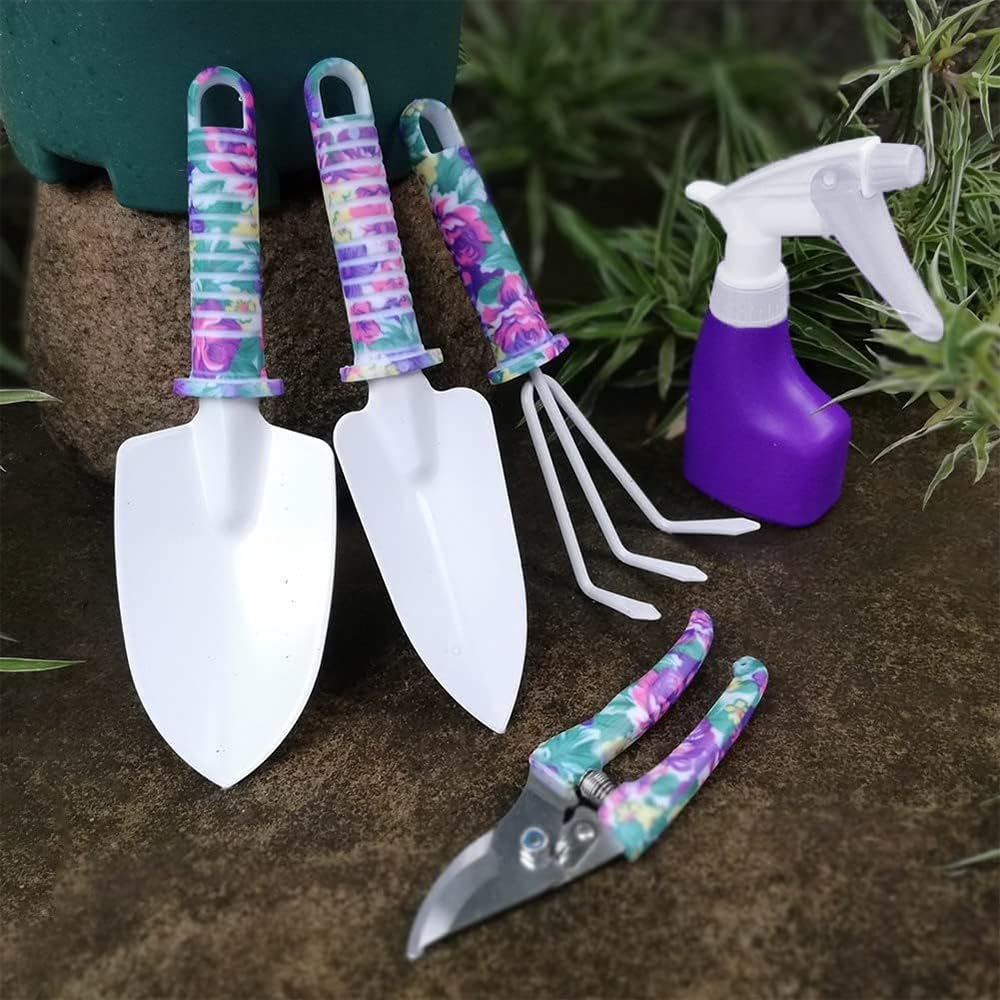 Sarini Attrezzi da Giardinaggio - Set da Giardinaggio Leggero da 5 Pezzi con Manico Antiscivolo,Design Floreale alla Moda,miglior Regalo per Gli Amanti del Giardino