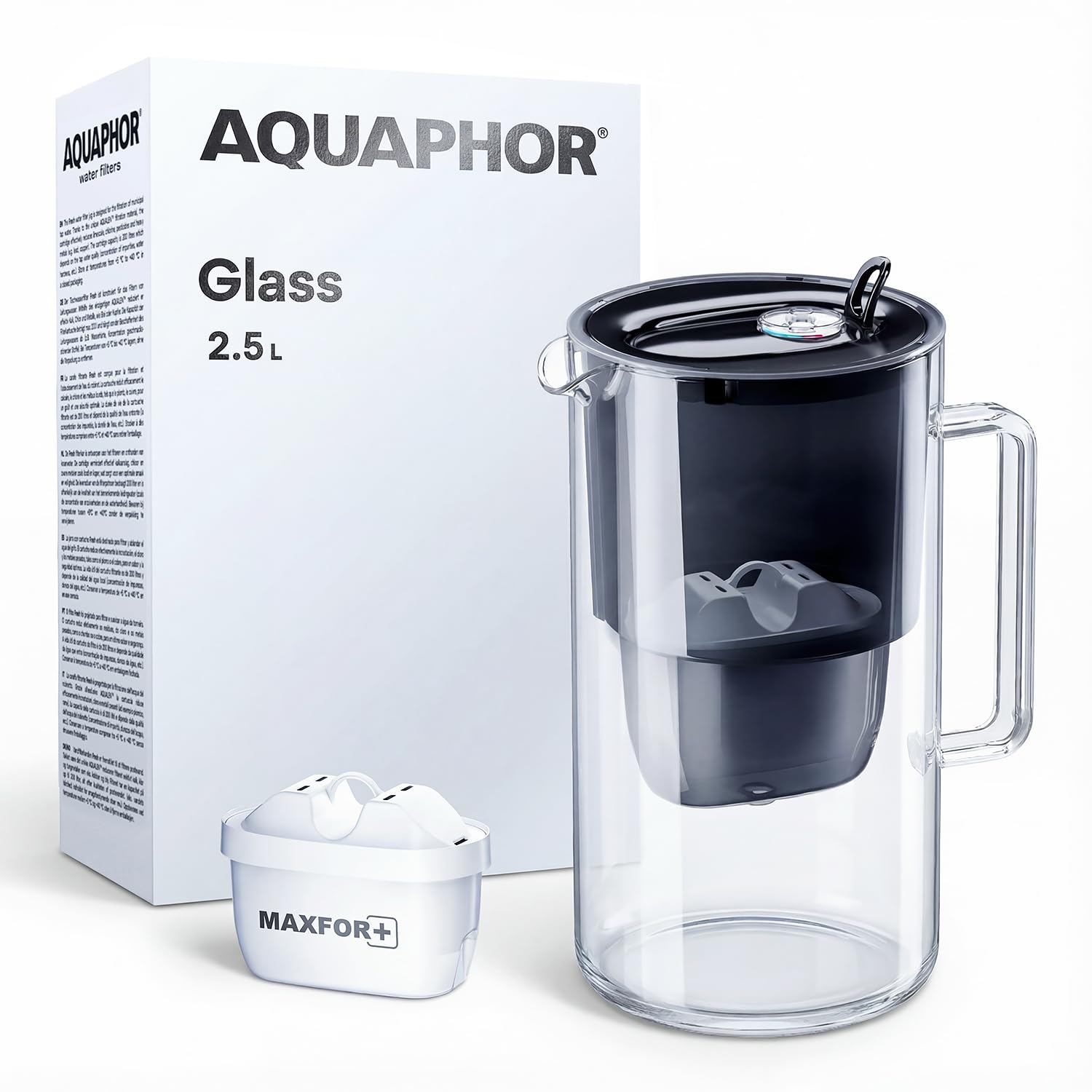 AQUAPHOR Carafe Filtrante en Verre avec 1 filtre MAXFOR+ 200 L - Capacité 2,5 L - Noir
