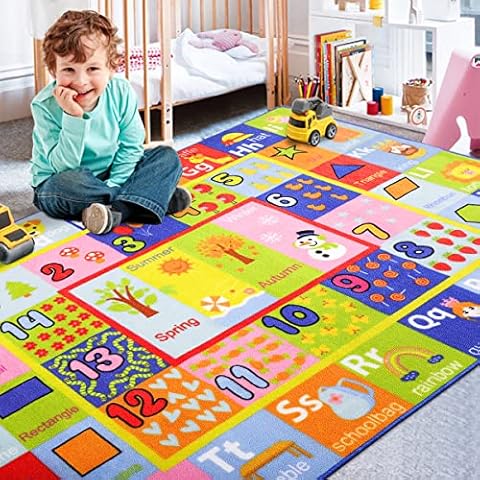 AROGAN Kids Play Mat 4x6 Feet, Playmat Rug with Numbers, Shapes, Animals Pattern, Children Learn and Educational Rugs, Non Slip Play Rug for Nursery Bederoom Play Room Cover