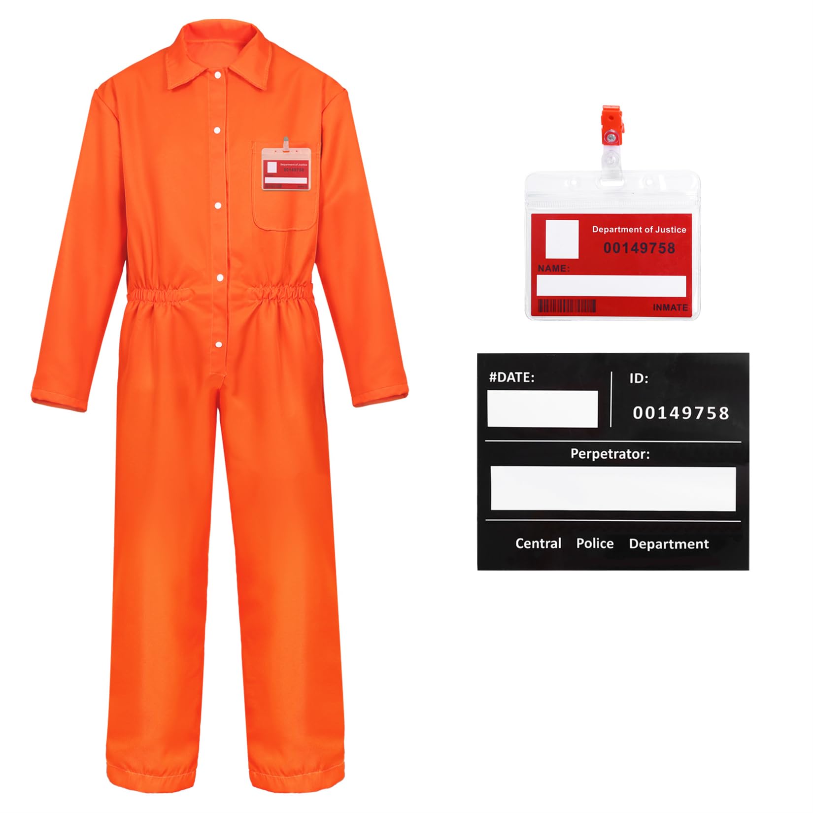 Alaiyaky Prisoner Costume Men, Prisoner Outfit Orange Jumpsuit Convict Boiler Suit with Information Board Name Badge Card, Orange Prisoner Overall Suit for Halloween Fancy Dress Party