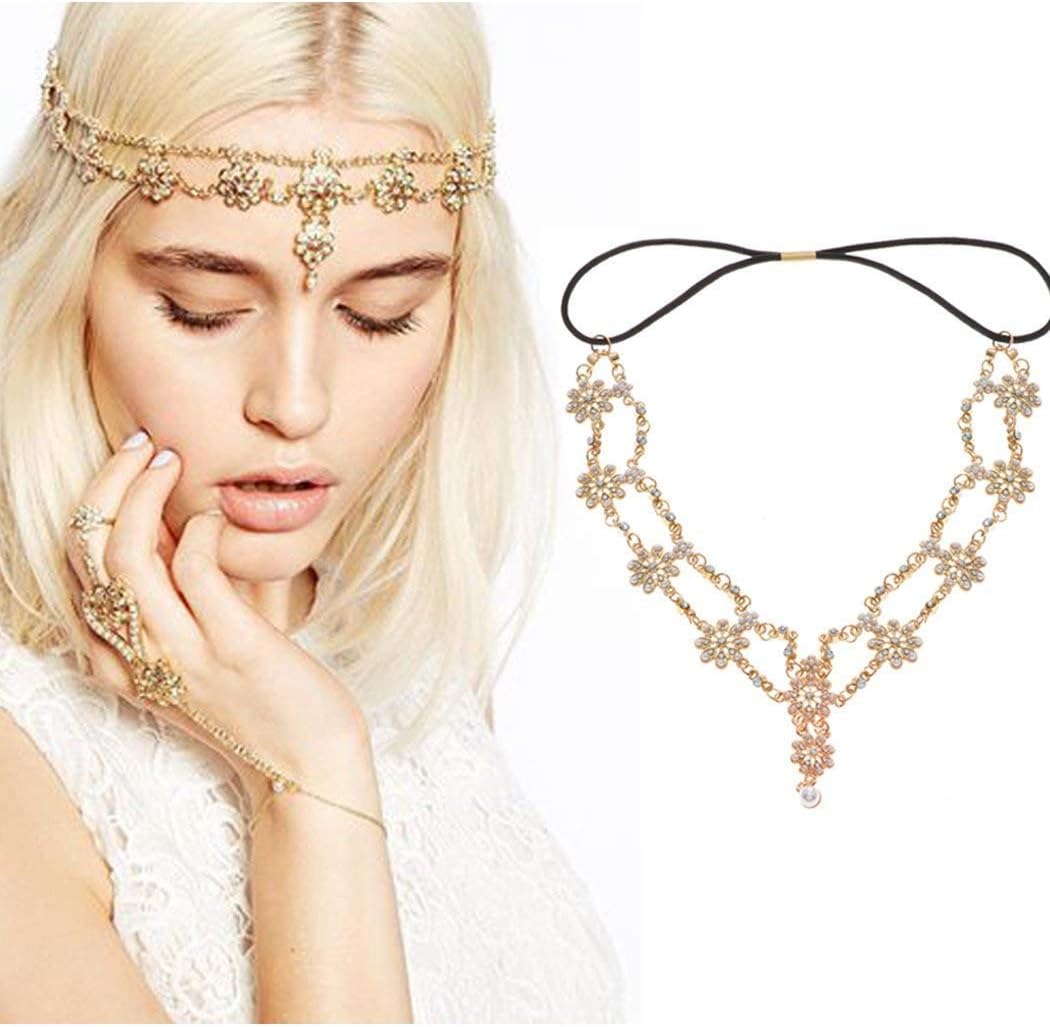 Tgirls Gold Head Chain Jewelry Flower Headband Elastic