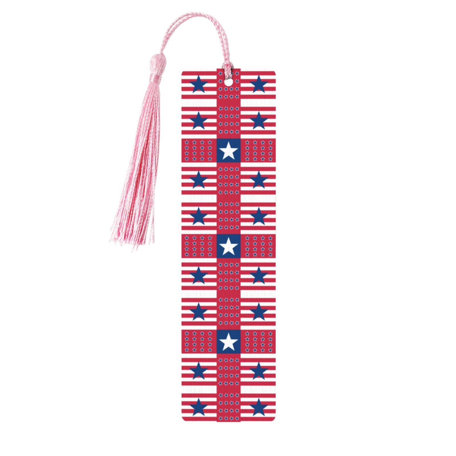 Stars and Strips Double-Sided Print Stars and Strips Bookmarks Wooden Book Marks with Pink Tassel, Red and Blue Lightweight Page Markers Book Lovers Gifts — image 1