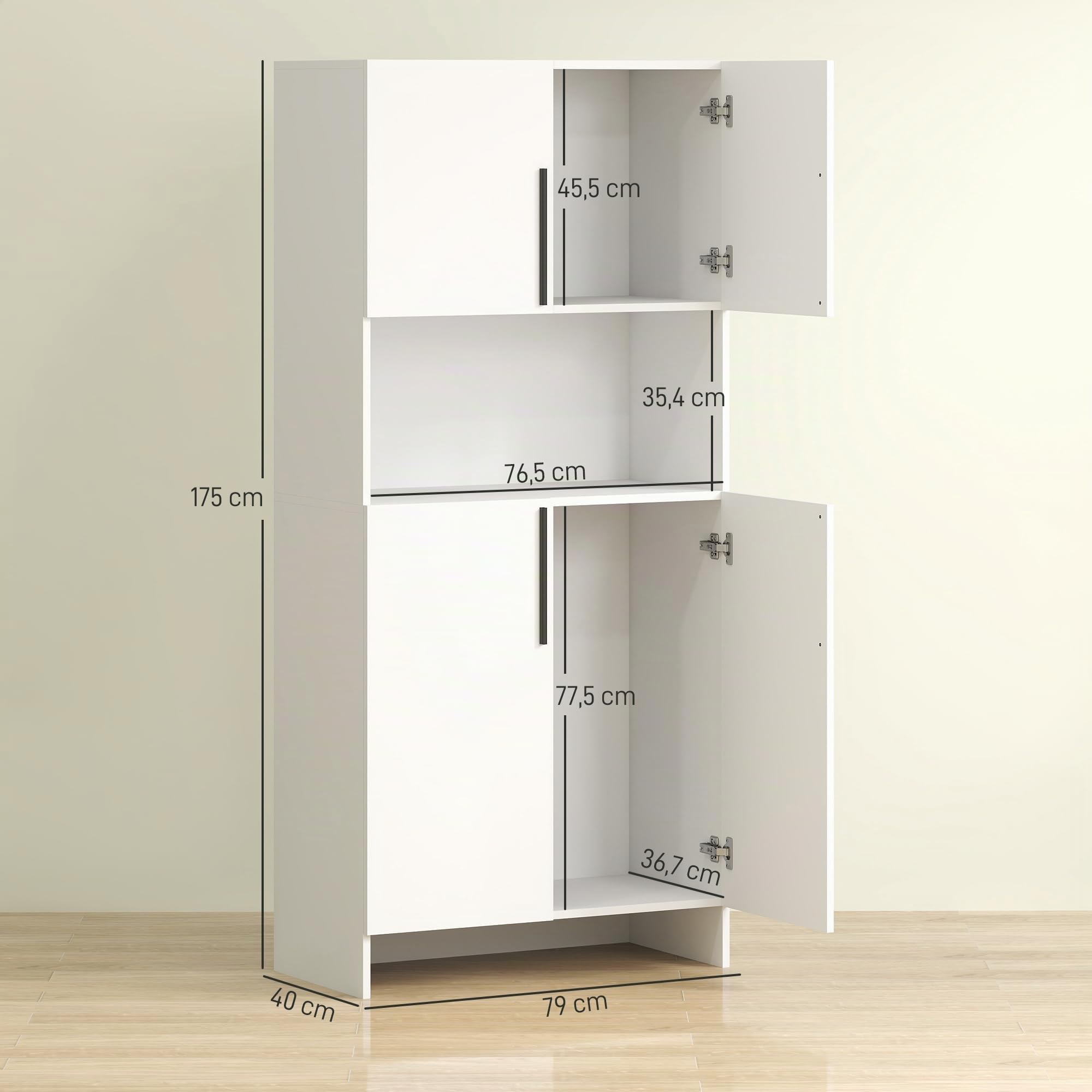 HOMCOM Armoire de Cuisine, Armoire Haute avec Tablette pour Micro-Ondes, Buffet avec Porte Soft-Close, de Rangement Vitrine pour Cuisine Salle à Manger 79x40x175 cm Blanc