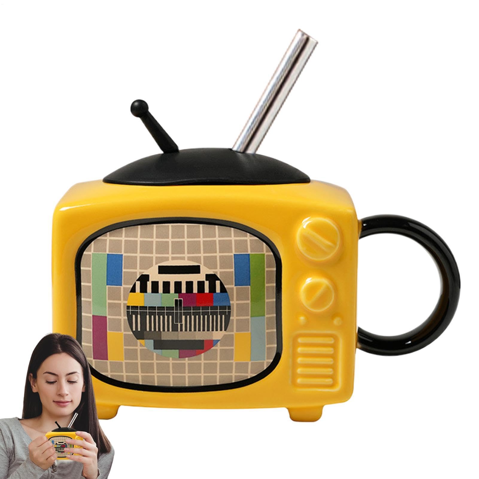 Taza de té creativa con silueta de televisión retro y pajita para bebidas divertidas