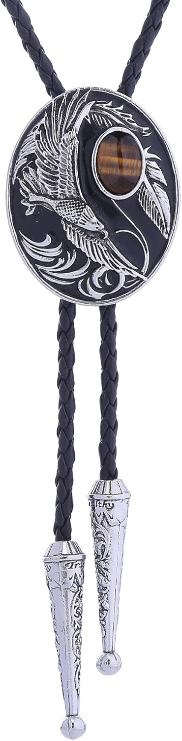 Bolo Tie For Men,Cowboy Necklace,Flying Eagle Turquoise Jade Tiger-eye Bola Bolo Tie Wedding